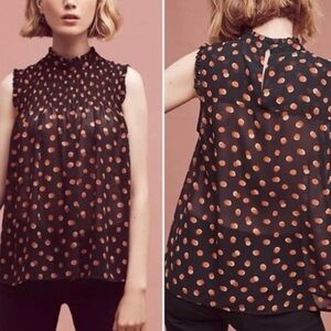 Maeve Anthropologie High Neck Sheer Polka Dot Ruffle Blouse Size 2 Navy Orange